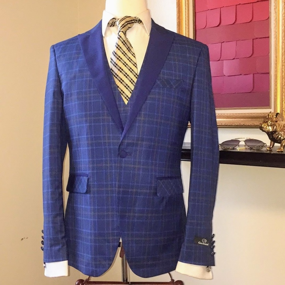3 Piece Men's British Cut Plaid Suit Slim Fit Blue